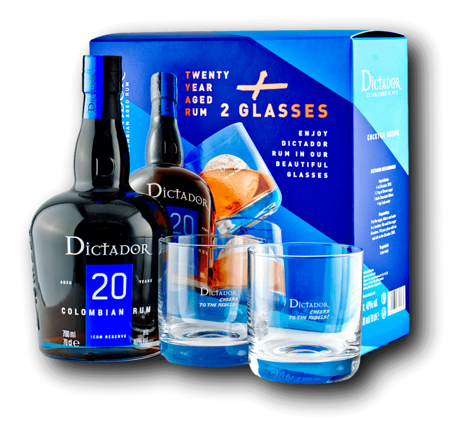 Rum Dictador 20 ročný s 2 pohármi
